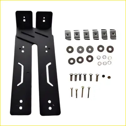 Black metal flush mounting bracket shovel combo suit rhino rack kit with sleek angular design and integrated attachment slots