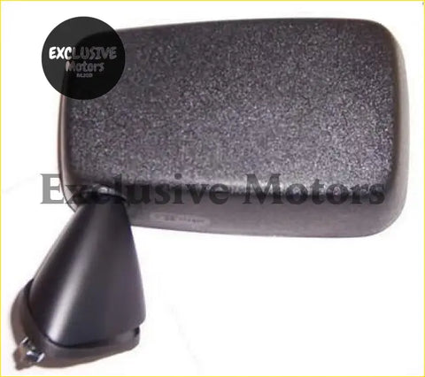 Black textured ford escort door mirror with sleek angular housing and glossy black mounting base side view