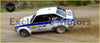 White and blue ford escort mk2 fiberglass forest flares on a rally car racing on a dirt track with sponsor decals