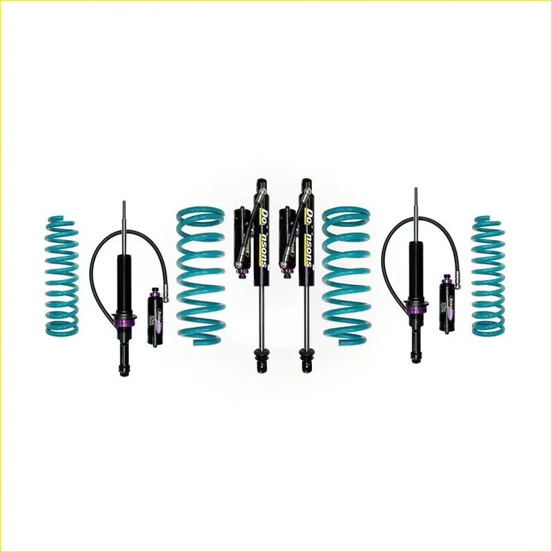 Ford everest next gen dobinsons monotube remote coilover suspension kit with teal springs black shocks and purple accents