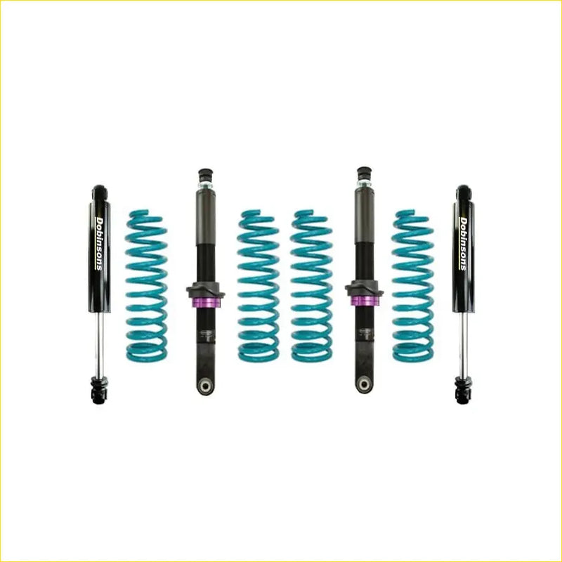 Set of four teal dobinsons coilover suspension kits with black and purple parts for ford everest ua lift kit