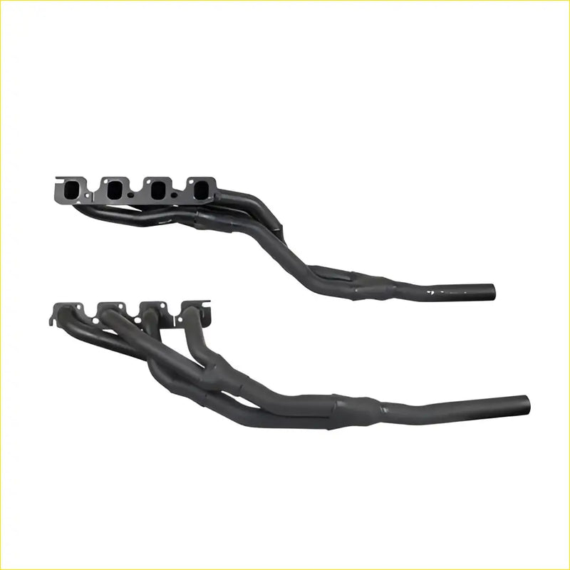 Black metal exhaust manifolds with matte finish and multiple ports for ford falcon xr-xf fairlane zf-zk v8 tri-y gasket