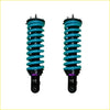 A pair of vibrant teal dobinsons ims monotube coil-over shocks with black mounts and purple accents for ford ranger px3