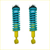 A pair of vibrant teal and yellow coil over shock absorbers with black mounts for ford ranger px3 by dobinsons