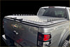 Back view of a silver metallic ford ranger tomahawk aluminium hardlid with textured diamond plate finish and led light bars