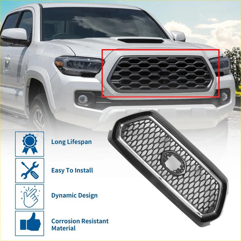 Front bonnet bumper grille for toyota tacoma 2019-2020 with black honeycomb pattern chrome trim and central emblem