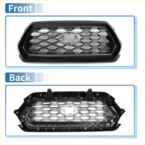Front bonnet bumper grille for toyota tacoma 2021-2023 in black with black hexagonal mesh and central circular emblem