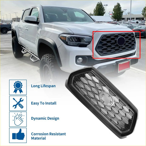 Black honeycomb front bonnet bumper grille with circular emblem for toyota tacoma 2021-2023 in deep gray