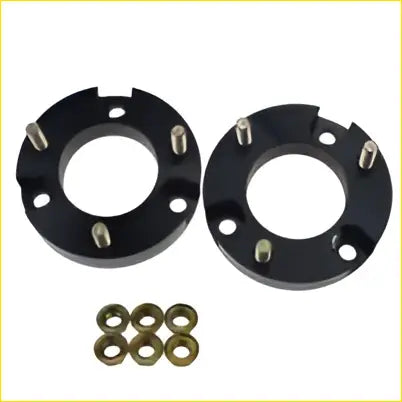 Black metal front coil strut shock spacer with silver bolts and gold washers for 25mm lift on gwm great wall cannon