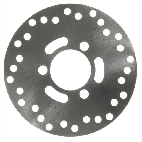 Front disc brake rotor for Suzuki Ozark 250 with silver metallic brushed finish and circular holes for better cooling