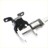Black metal front door hinge bracket for mazda b series 1986 1993 being measured with digital caliper