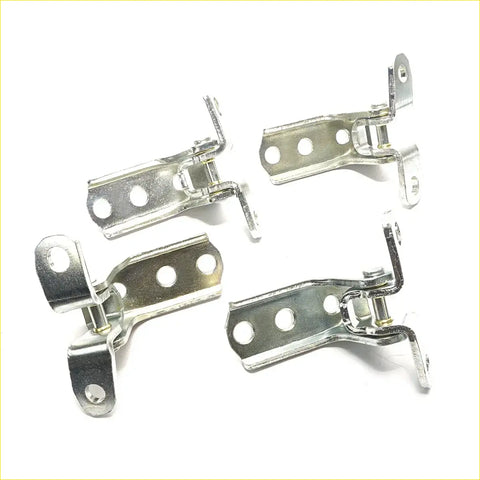 Four silver metal hinge brackets with circular holes and pivot for front door hinge set mitsubishi pajero montero sport