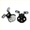 Black metal front door hinge brackets with matte finish and multiple holes for mazda familia 323 1986-1989