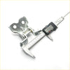 Silver stainless steel front door hinge with three mounting holes and central pivot measured by digital caliper for toyota hilux