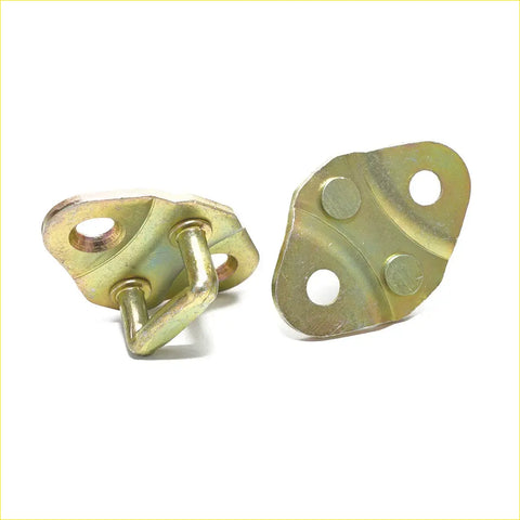 Yellowish metallic front door latch striker set with bolted hinge and three mounting holes for toyota hilux 1983-1997