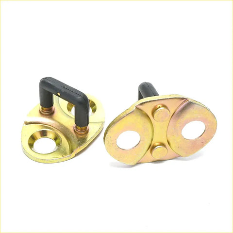 Front door latch striker x2 for mitsubishi delica l300 1986-1999 gold metal plates with black rubber handles and circular cutouts