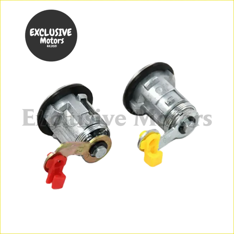 Front door lock cylinders in silver metal with red and yellow plastic key tabs for mitsubishi l200 2001-2005