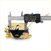 Yellow and black metal front left door lock latch for isuzu faster kb21 kb26 kb41 being measured with a digital caliper