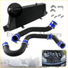 Front mount intercooler kit for toyota mark ii 1jz-gte with black intercooler, blue clamps, and black hoses for turbo upgrade