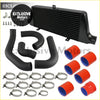Black aluminum front mount intercooler kit with black rubber hoses and red silicone couplers for toyota mark ii 1jz-gte