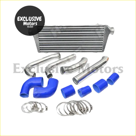 Front mount intercooler piping kit for Toyota Hilux Vigo with silver aluminum intercooler, blue silicone hoses, and chrome clamps