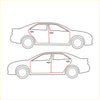 Red-outlined line drawing of a sedan showing front rear door weatherstrip for mazda familia glc 323 hatchback 1977-1980
