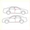 Two outlined sedan designs showing a front rear door weatherstrip set with red accent for mazda familia glc 323 1980-1985