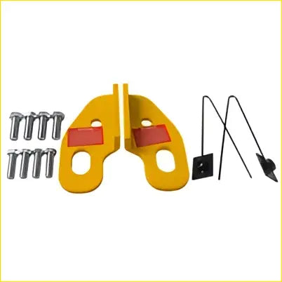 Yellow plastic door stop with red rubber pads and metal hardware included in front recovery tow point kit for mercedes-benz x-class