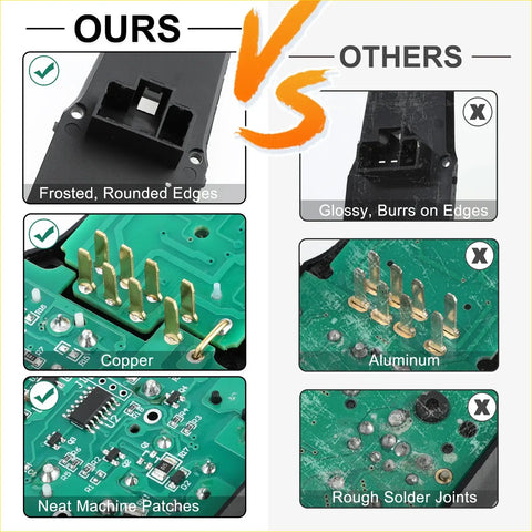 Black plastic front right side power window switch with frosted edges and copper pins on green circuit board for toyota hilux