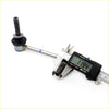Silver metal front stabilizer link with black rubber bushing and threaded ends measured by digital caliper for Toyota Hilux