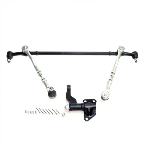 Black and silver front steering linkage rebuild kit with ball joints and tie rods for Nissan Navara D22 NP300 1997-2001