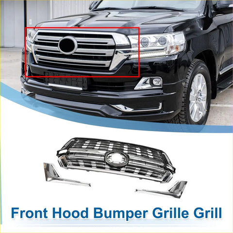 Front upper bonnet bumper grille for toyota land cruiser lc200 chrome finish with central emblem and horizontal slats