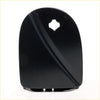 Back side of black glossy plastic fuel door cover for Nissan Navara single cab 2004-2014 with mounting hole and silver tabs