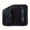 Back side of black plastic fuel door cover with molded contours and metal hinge for Toyota Hilux 1988-1997