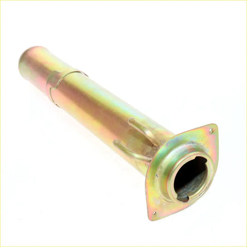 Yellowish metallic exhaust pipe with flanged mounting plate for fuel filler neck set on nissan datsun 620 1972-1979