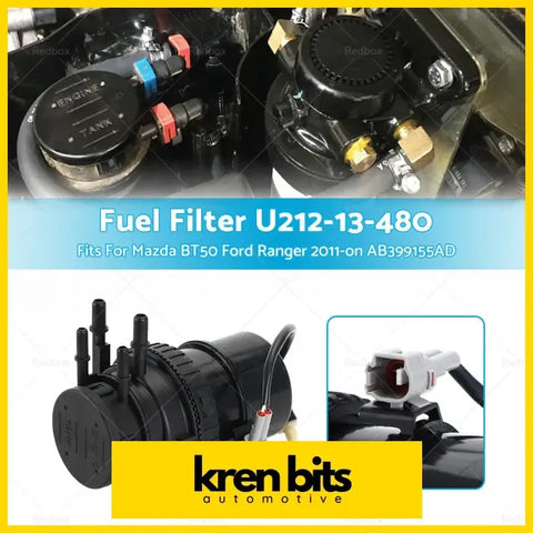 Black plastic fuel filter u212-13-480 with black hoses and white connector fits mazda bt50 ford ranger 2011-on