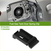 Black plastic fuel gas tank door spring clip for Toyota Sienna 2004-2020 shown from the back side