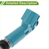 Teal plastic fuel injector with black rubber o-ring and metallic threaded end for toyota highlander base 2.4 2001-2004