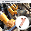 Close-up of yellow plastic fuel injector with black seals and metal fittings for toyota prius c 1.5 shown with pink version inset