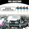 Set of four blue and silver fuel injectors with gold tips for 1995-1999 toyota tacoma engine displayed above car engine
