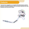Chrome finished metal fuel pressure regulator for toyota rav4 2001-2005 with curved pipe and threaded fittings backside view