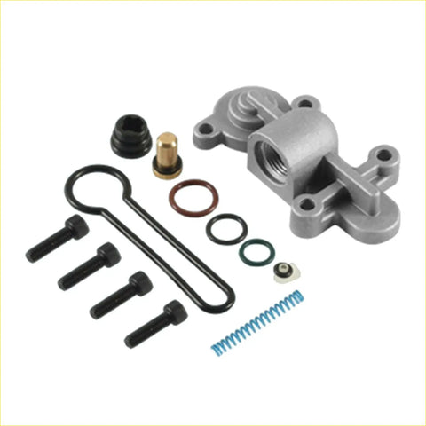 Silver metal fuel injection pump body with threaded ports and flanges for ford f250 f350 f450 f550 regulator kit back side