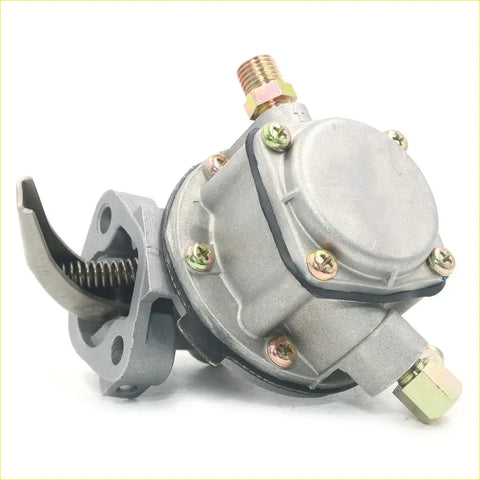 Gray metallic fuel pump with brass fittings and spring-loaded lever for toyota hilux 2nd gen 1972-1978