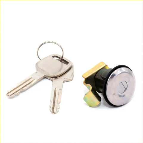 Silver-toned gas filler lock cylinder for nissan d22 navara terrano 1997-2004 with black rubber seal and brass bracket