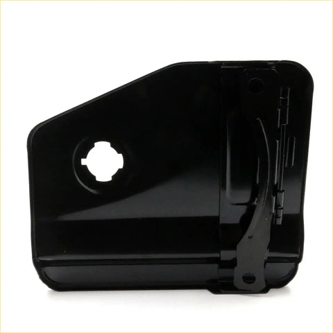 Black plastic gas fuel door cover for Nissan King Cab Pathfinder back side with camera cutout and hinge mechanism
