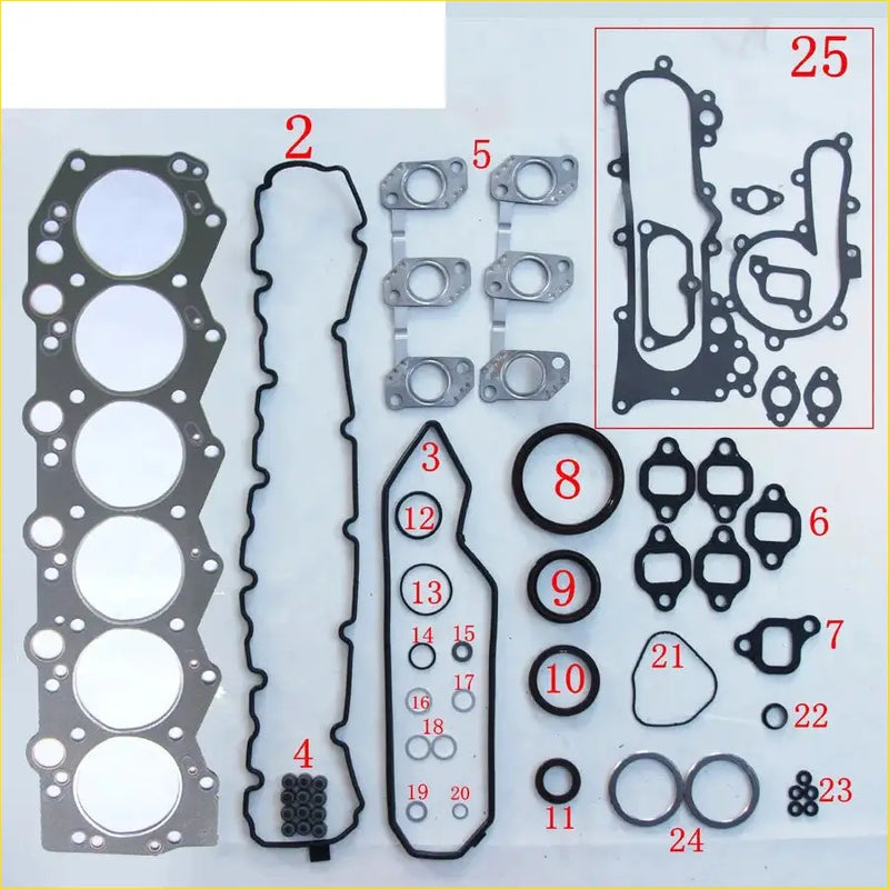 Black rubber gasket set with metallic parts labeled for engine assembly gasket pro 1hz toyota land cruiser full set