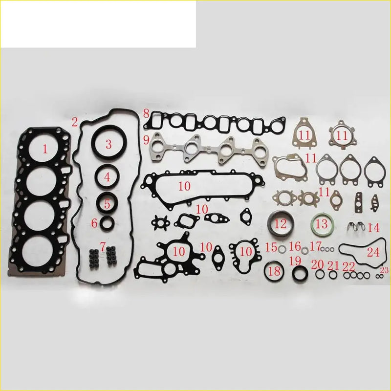 Black rubber gasket set with metallic parts and labeled components for toyota land cruiser 3.0 engine assembly