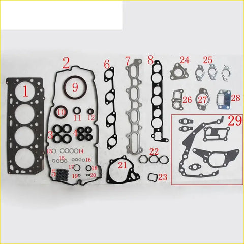 Black rubber gasket set with metallic components and variously sized circular seals.