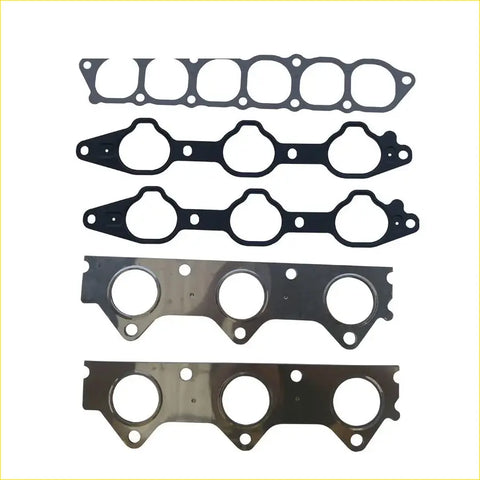 Set of five black and metallic exhaust manifold gaskets with bolt holes for mitsubishi pajero sport v6 24v engines