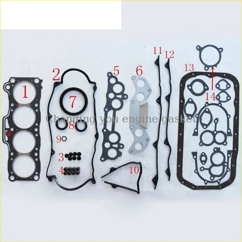 Black rubber engine gasket set with metal reinforcements and seals for mazda b2000 capella 626 e1800 fe f8